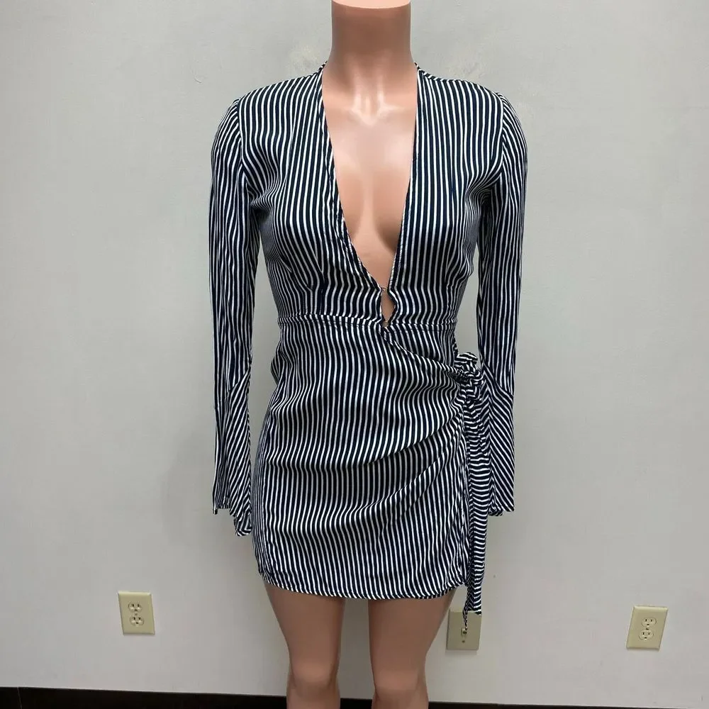 Faithfull Womens Navy Blue White Stripe Long Sleeve Tie High V-Neck Wrap Dress 2 - Picture 2 of 8